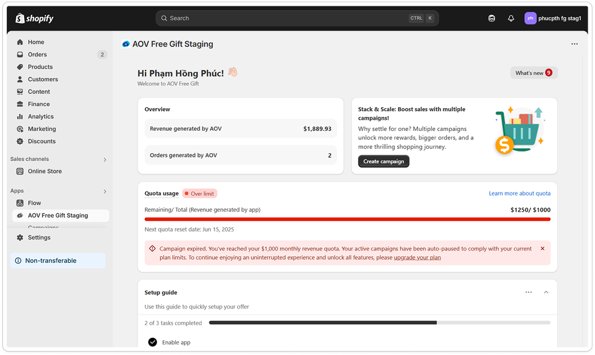 Dashboard quota card showing current revenue used against the monthly allowance