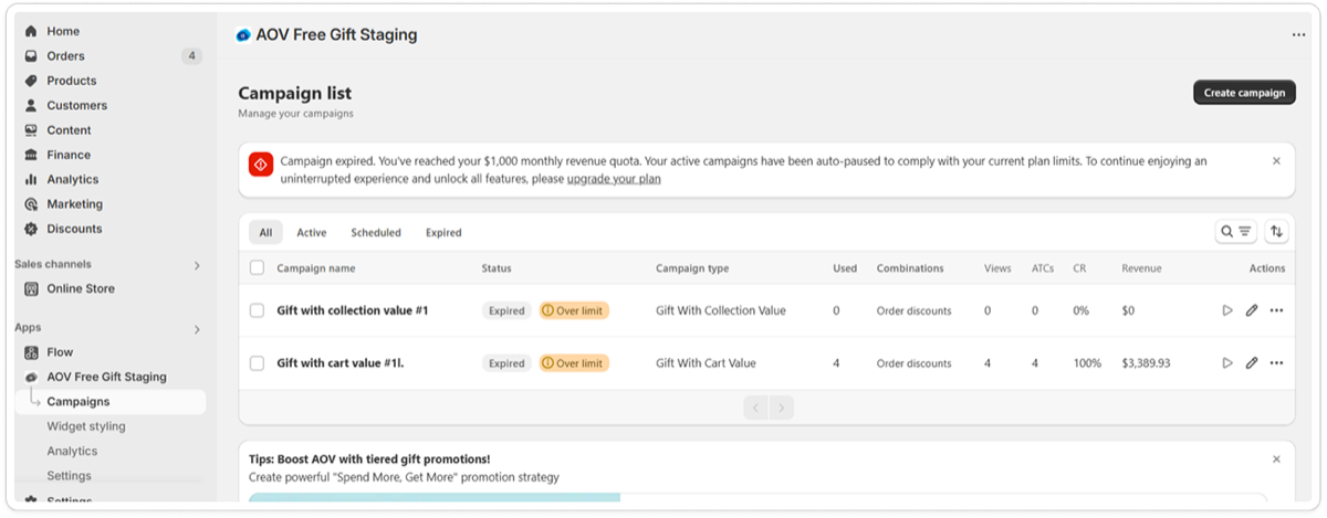 Campaign List showing Over limit badges on affected campaigns