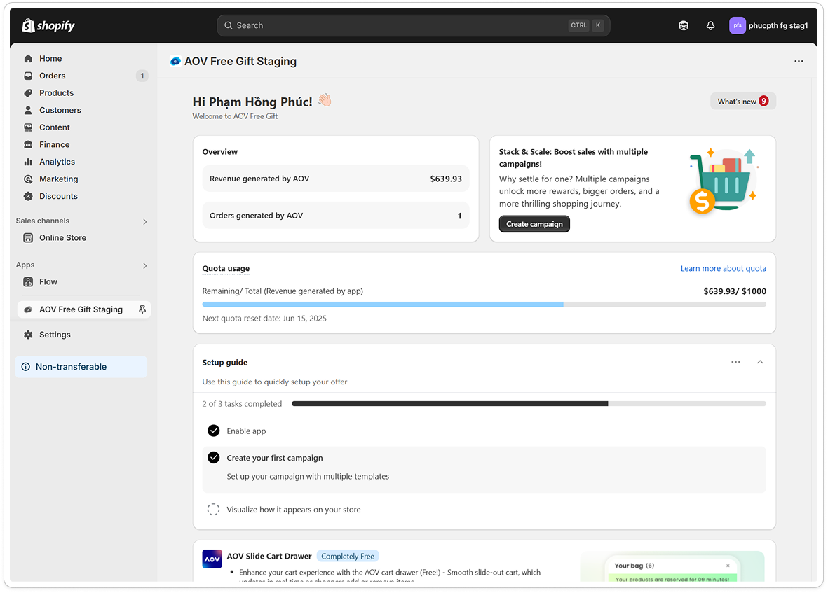Pricing tab with quota progress bar and reset date