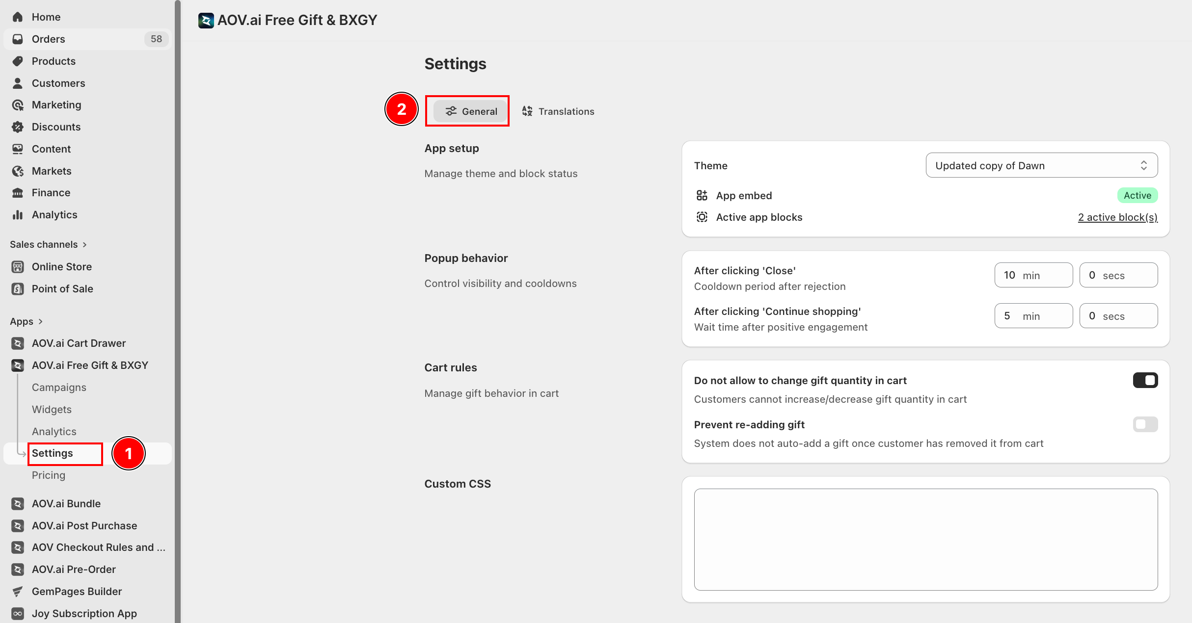 Settings — General tab