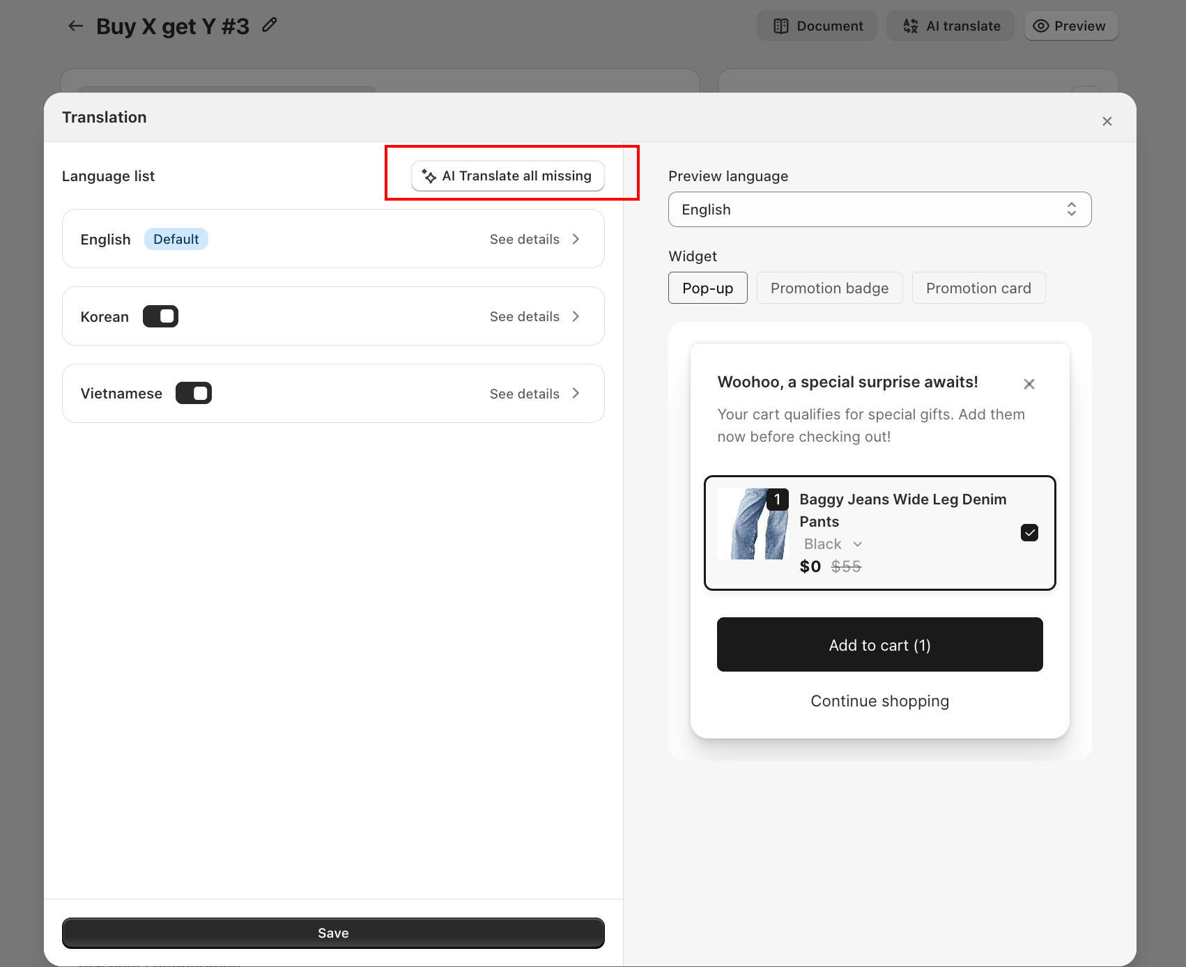 Translation modal showing Language list with AI Translate all missing button and live widget preview on the right