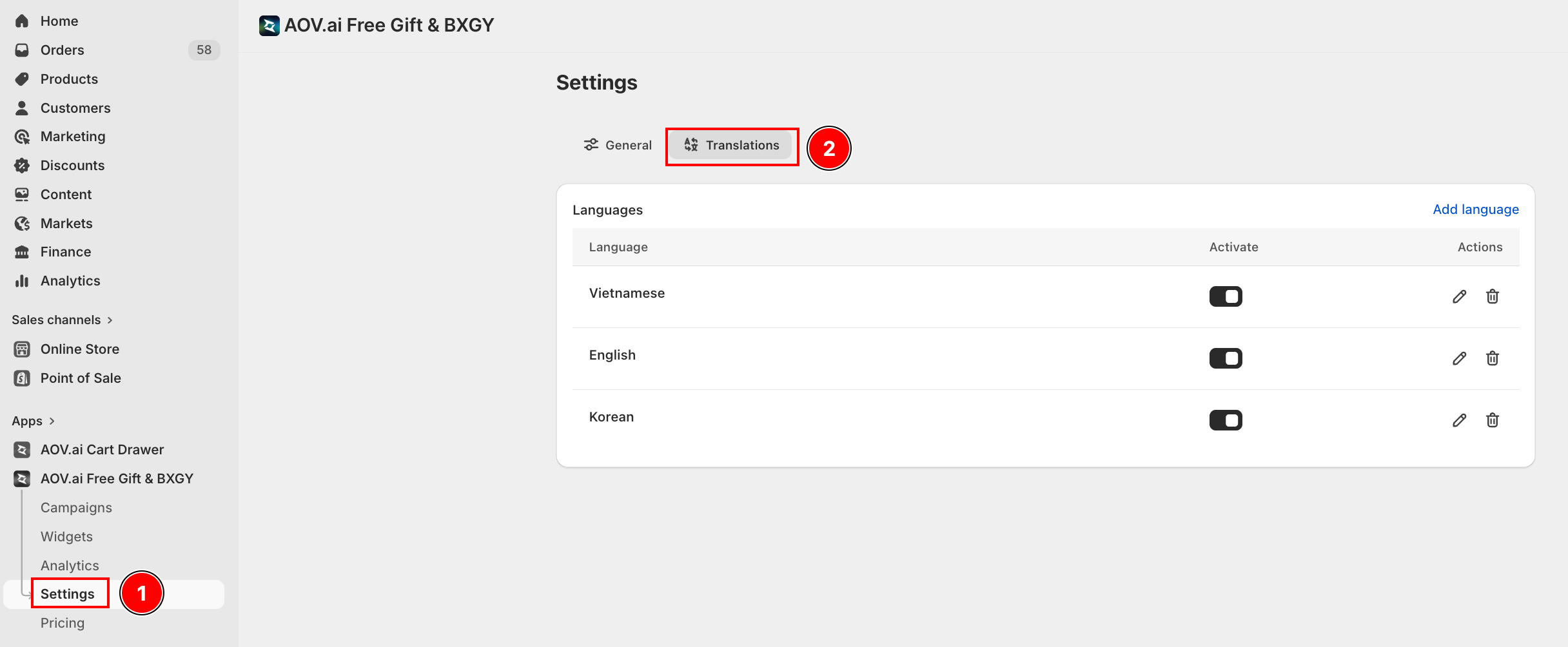 Translation settings — language list and translation editor