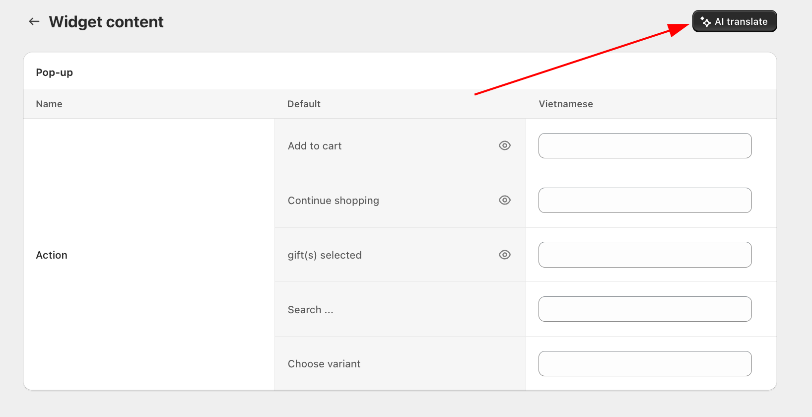Widget content translation editor with AI Translate button