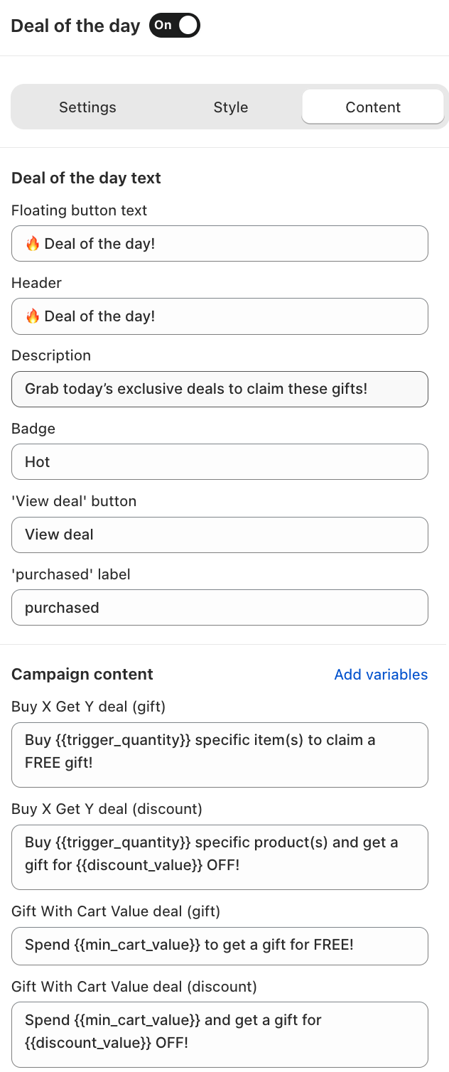 Deal of the Day — Content tab