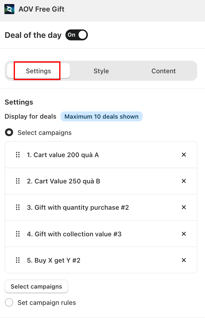 Deal of the Day — Settings tab, Display for deals