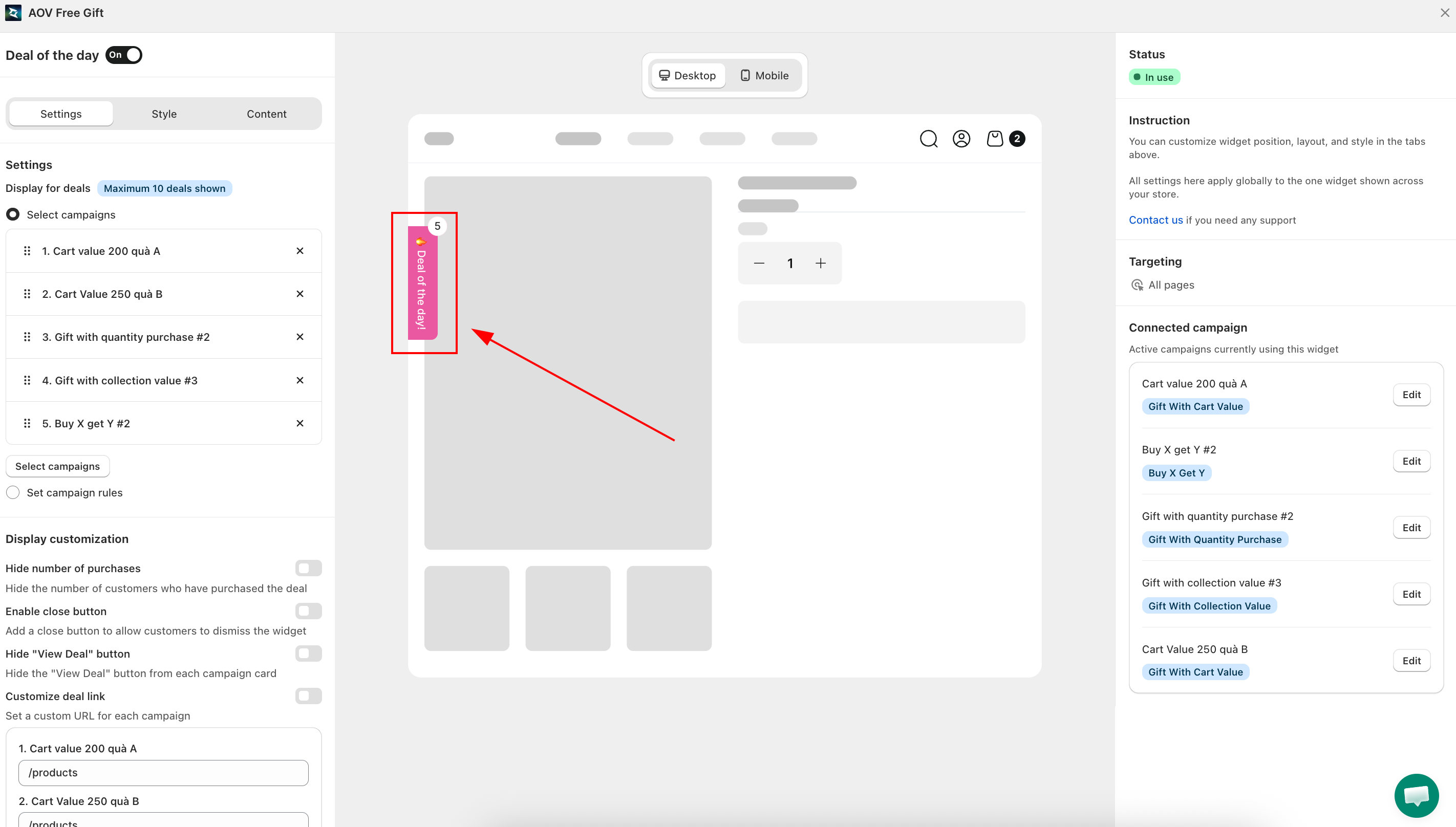 Deal of the Day widget editor