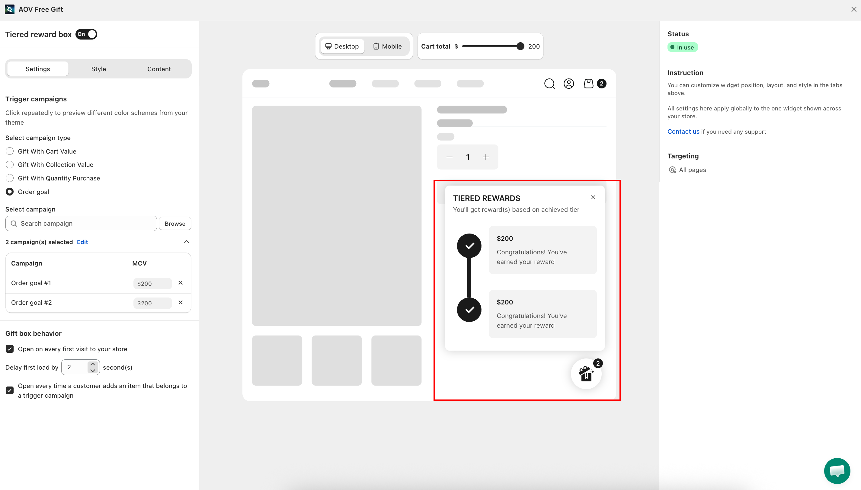 Gift Box widget editor with Trigger campaigns, behavior, and preview
