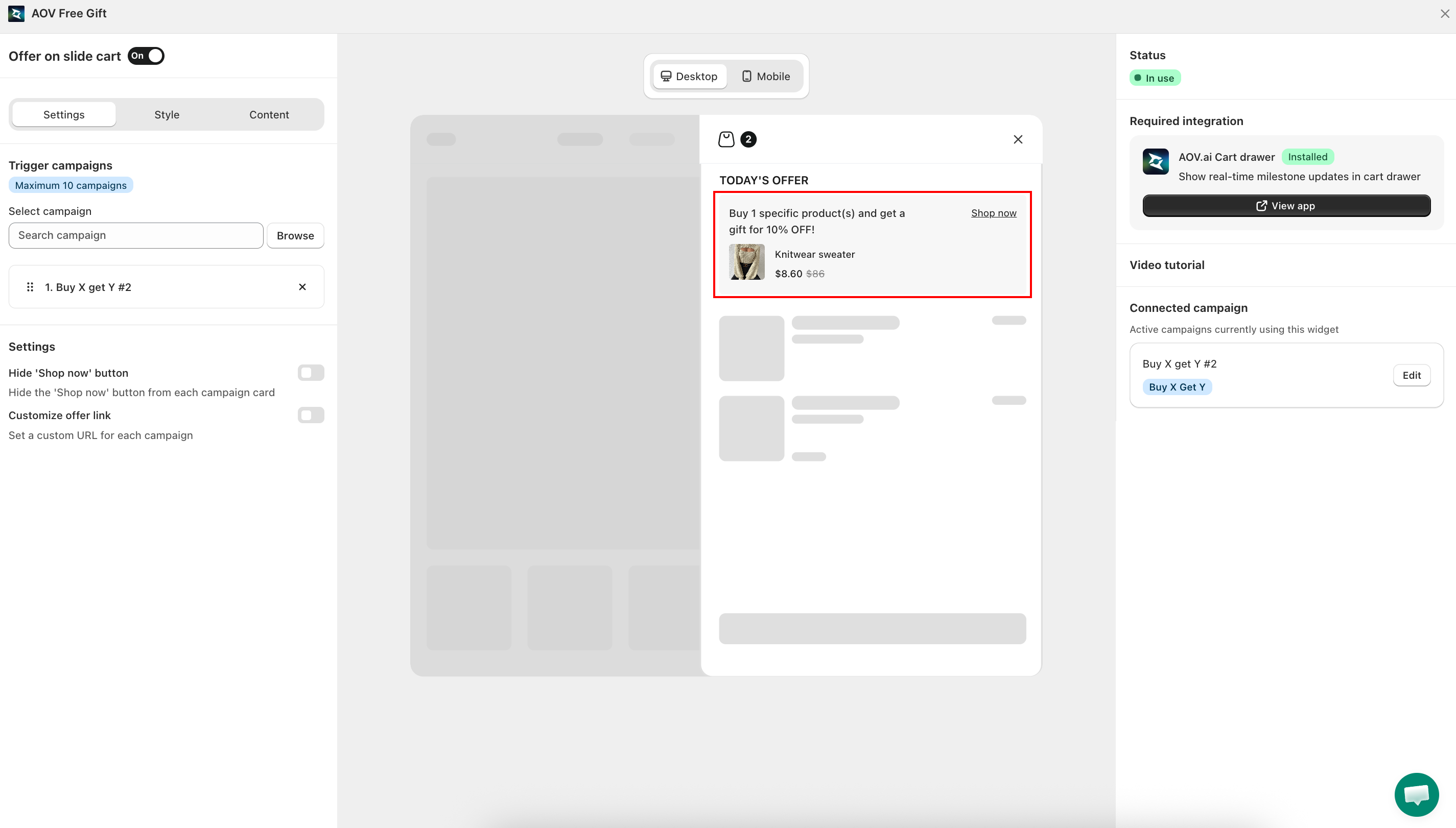 Slide Cart Offer widget editor (integrates with AOV Cart Drawer)