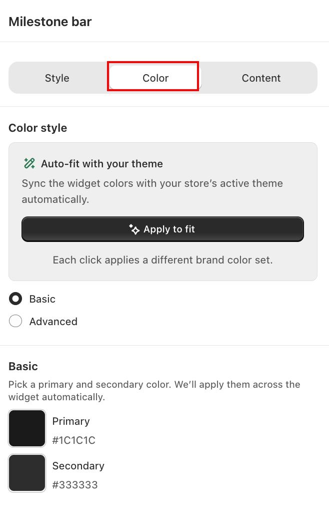 Milestone Bar — Color tab