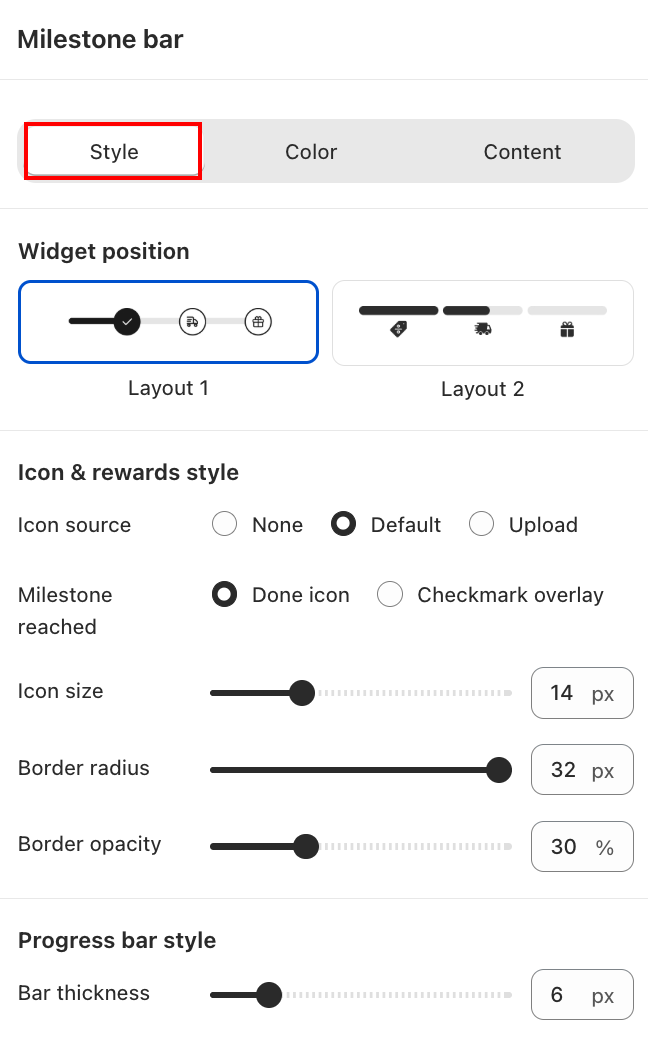 Milestone Bar — Style tab