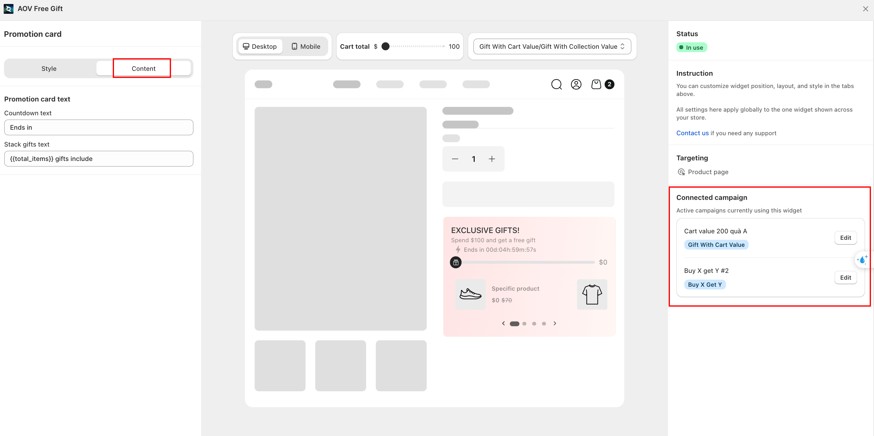 Promotion Card — Content tab and Connected campaign panel