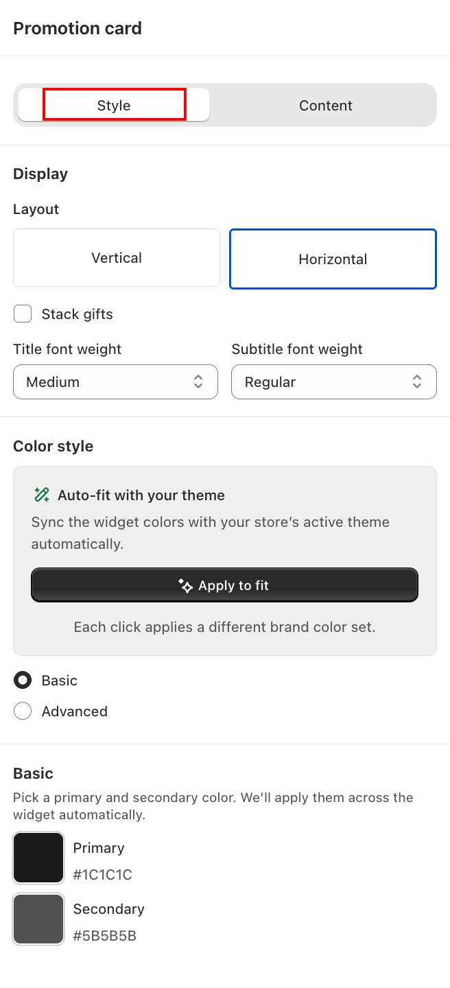 Promotion Card — Style tab