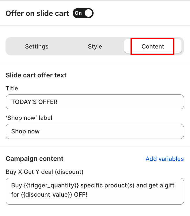 Offer on Slide Cart — Content tab