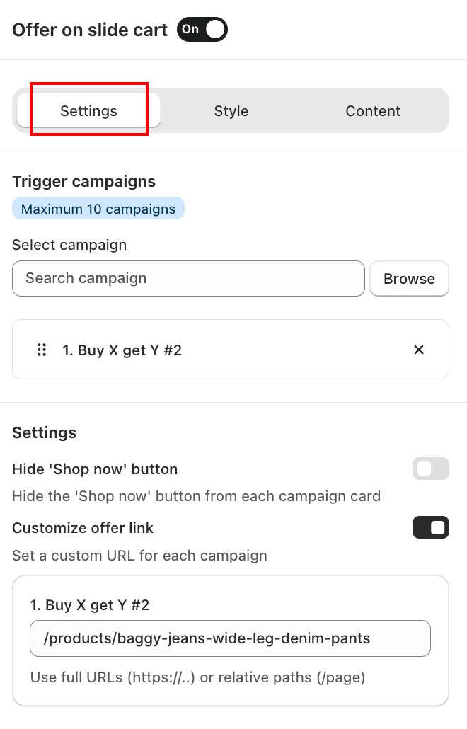 Offer on Slide Cart — Settings tab