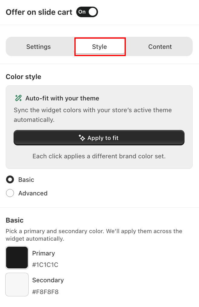 Offer on Slide Cart — Style tab