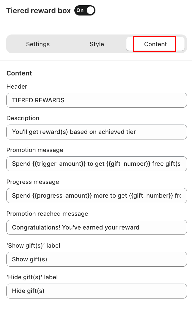 Tiered Reward Box — Content tab