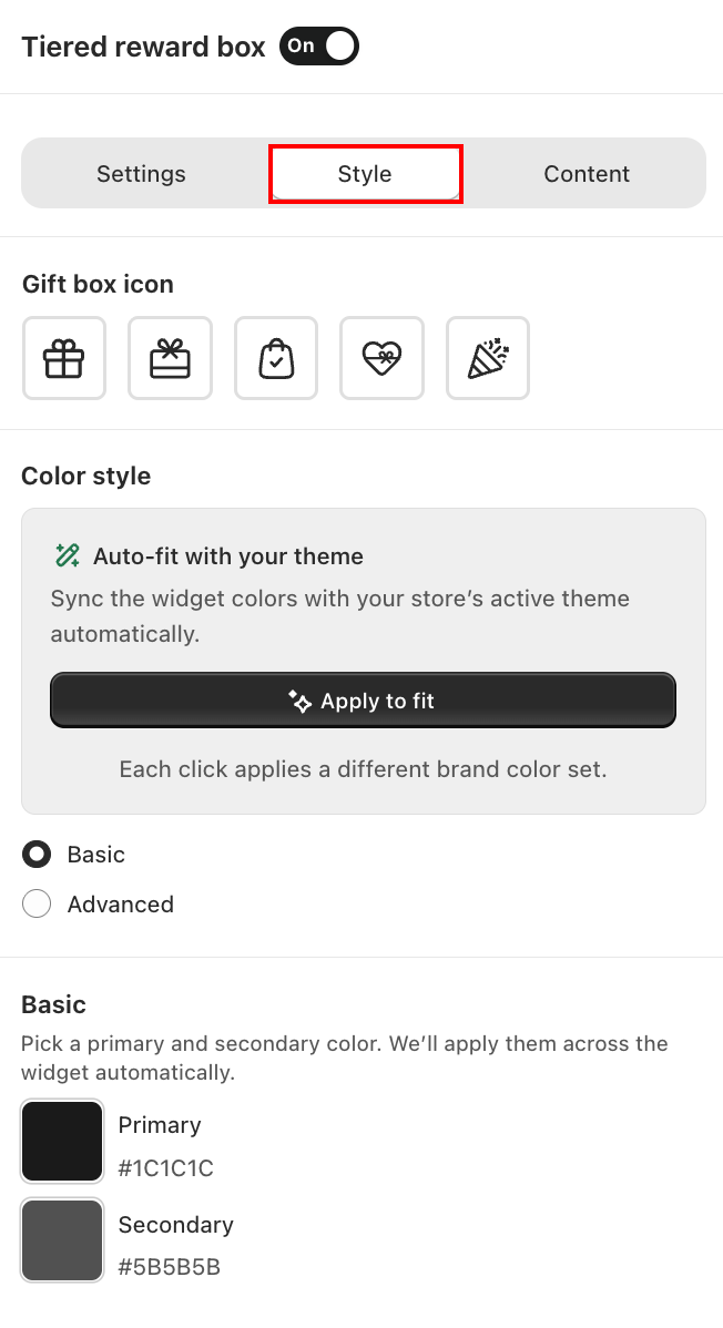 Tiered Reward Box — Style tab