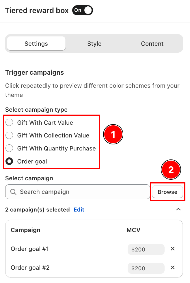 Tiered Reward Box — Trigger campaigns settings