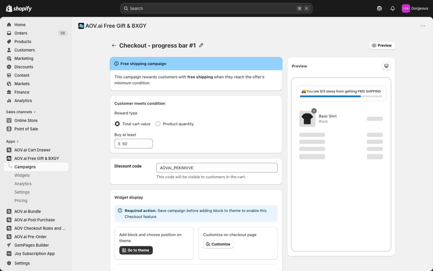 Free Shipping Bar / Progress Bar campaign editor