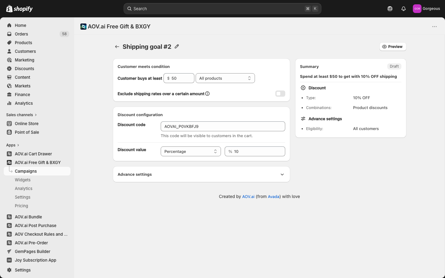 Shipping Goal campaign editor