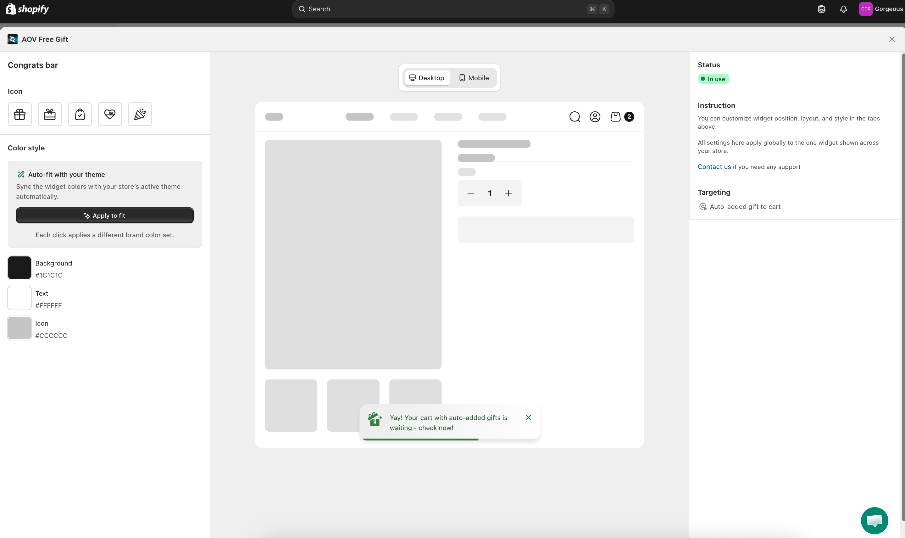 Congrats Bar widget editor