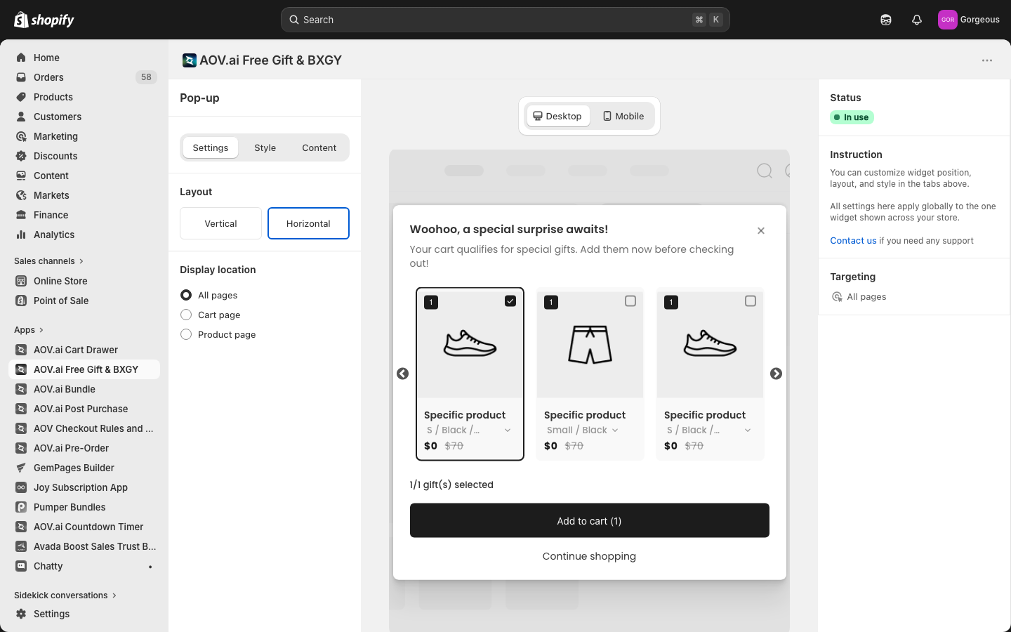 Pop-up widget editor with Settings, Style, and Content tabs